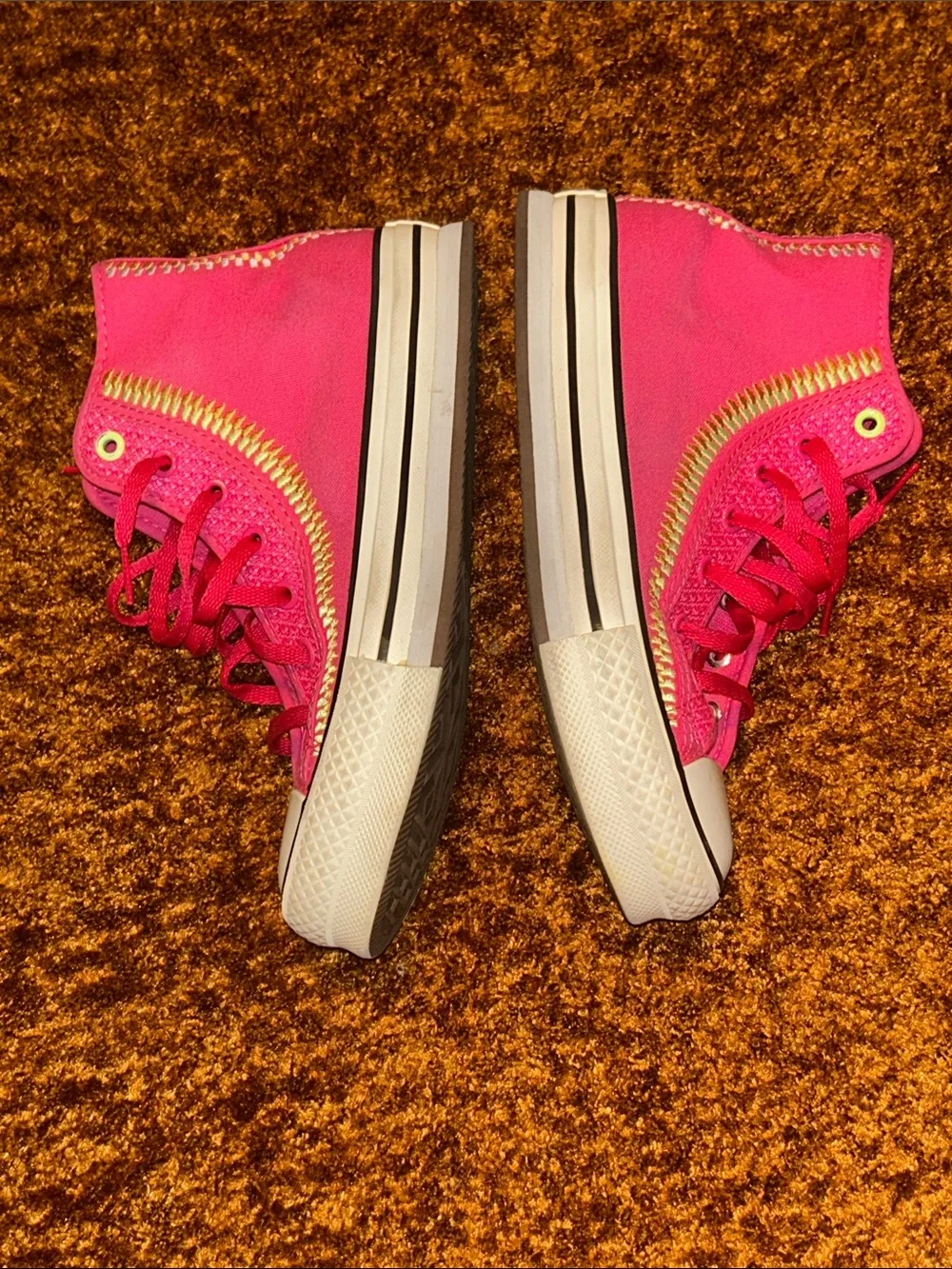 Converse Kids High-Top Sneakers in Hot Pink with Yellow Stitching